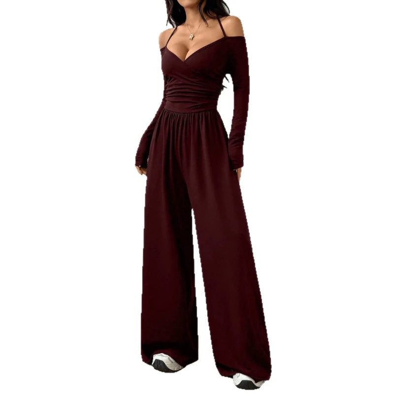 Women’s Off Shoulder Wide Leg Jumpsuit With Lace-Up