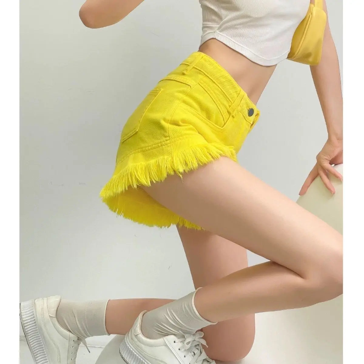 High Waisted Denim Shorts For Women With Tassel Hem