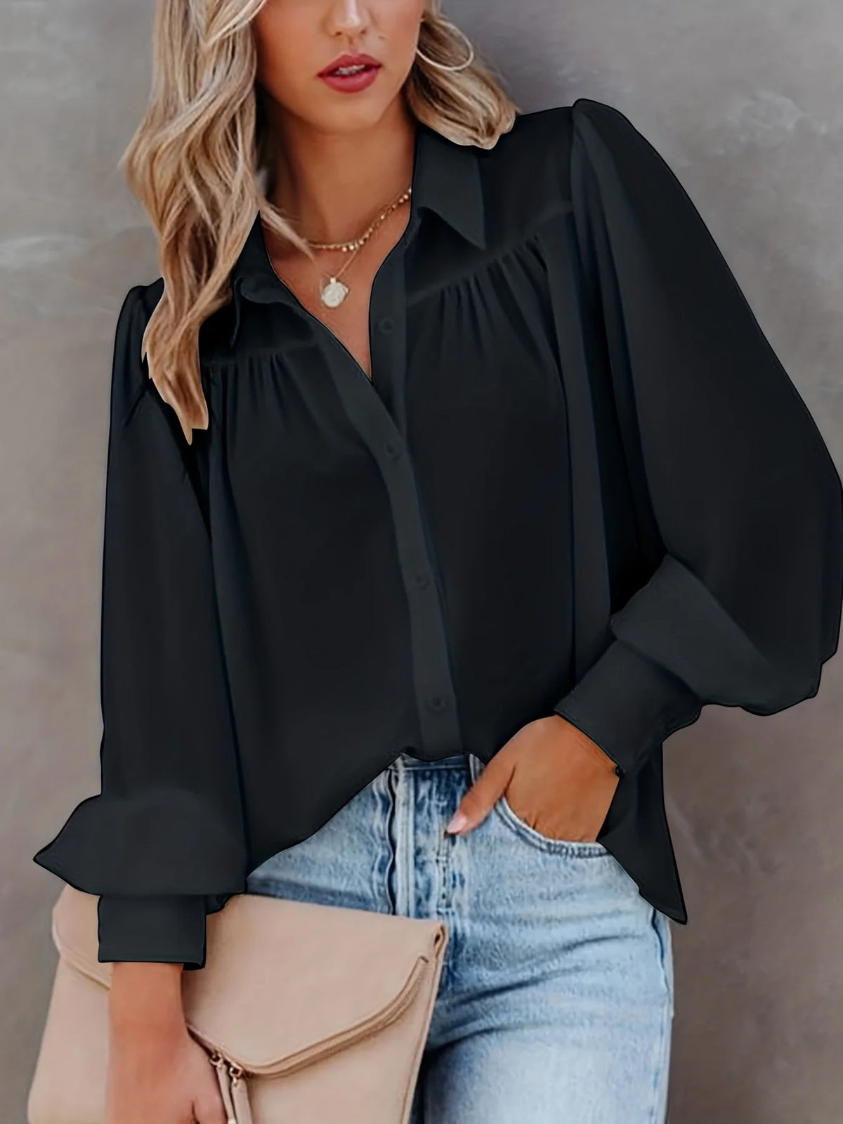 Women’s Chiffon Blouse With Lantern Sleeves And Pleats