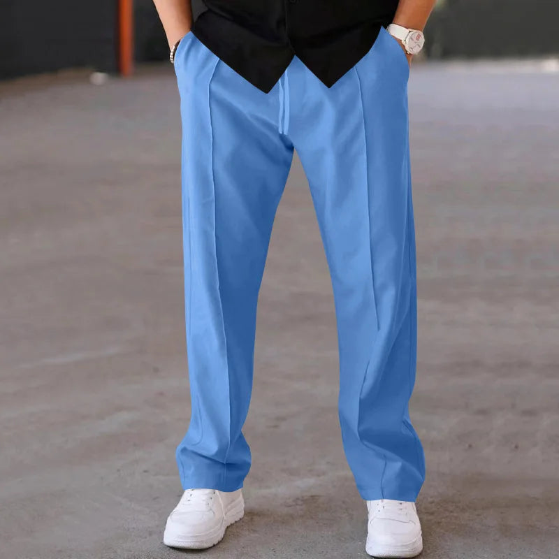 Light Blue Color Men’s Casual Drawstring Pants Straight Leg Mid Waist