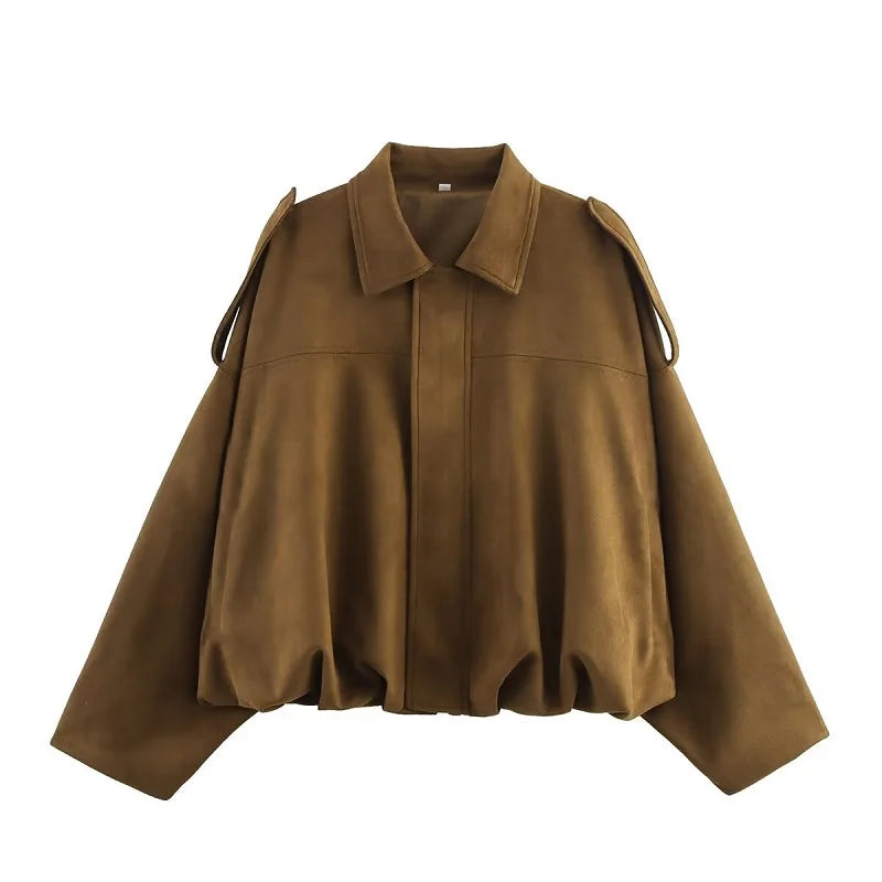 khaki 2 Color Women’s Faux Suede Bomber Jacket Zip-Up Oversized Coat