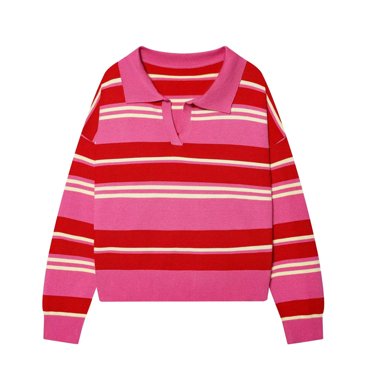 Rose Red Color Women’s Striped Knit Polo Sweater – Casual Loose Pullover