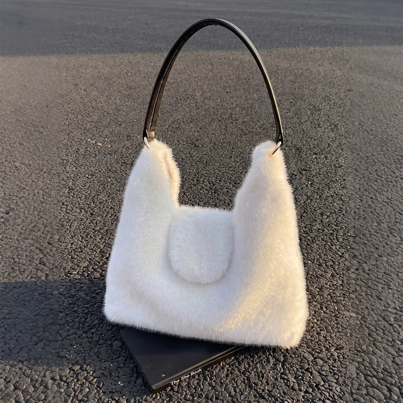 Faux Fur Shoulder Bag With Leather Handle Deer Print