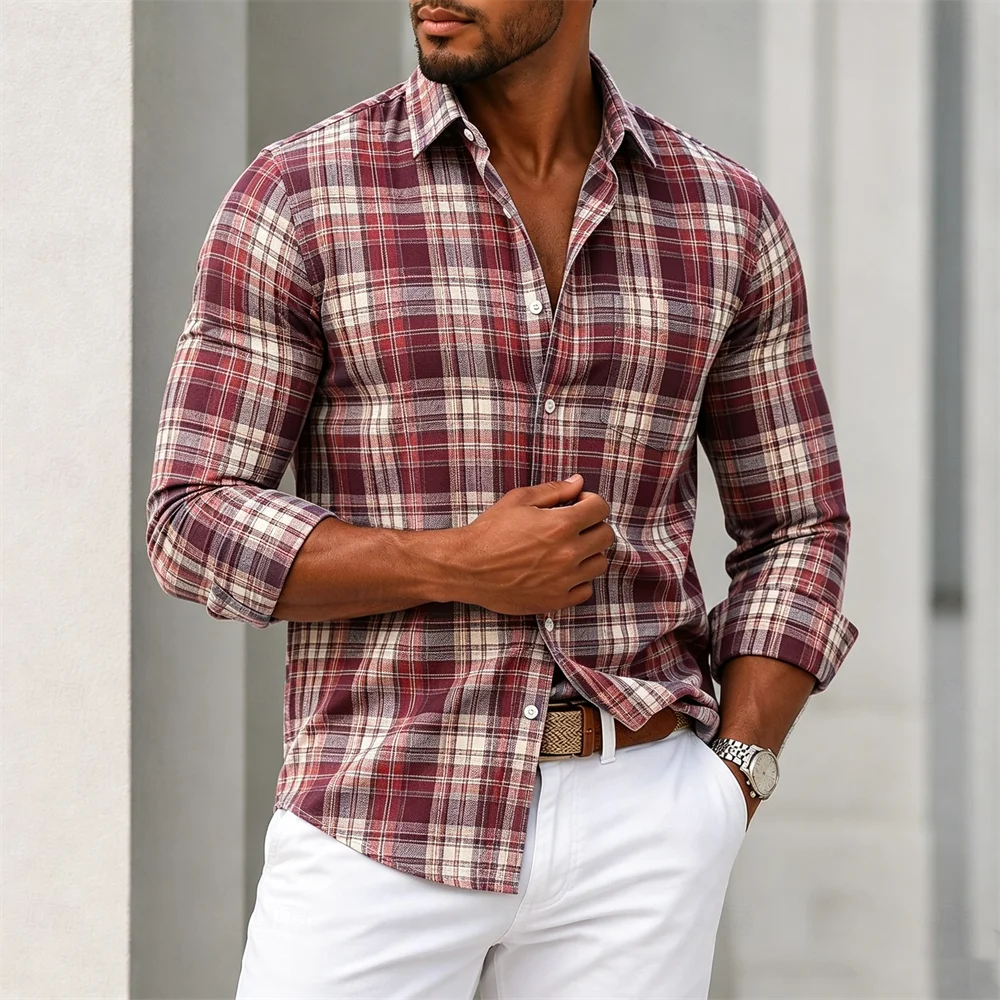 zw2045 Color Men’s Plaid Button-Down Shirt Casual Long Sleeve