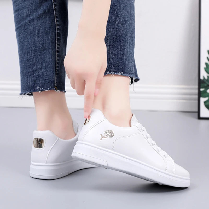 Women’s Floral Lace-Up Sneakers White Casual PU Shoes