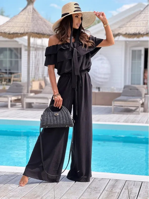 Black Color Women’s Off Shoulder Solid Jumpsuit With Cinched Waist