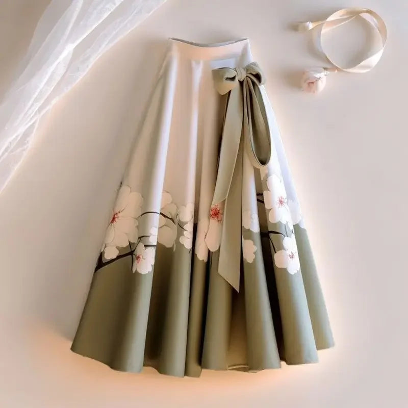 Retro Hanfu Horse Face Skirt – Printed Mid-Length Style