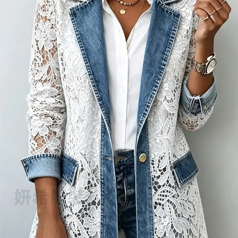 Women’s Lace Spliced Denim Blazer Jacket With Hollow Floral