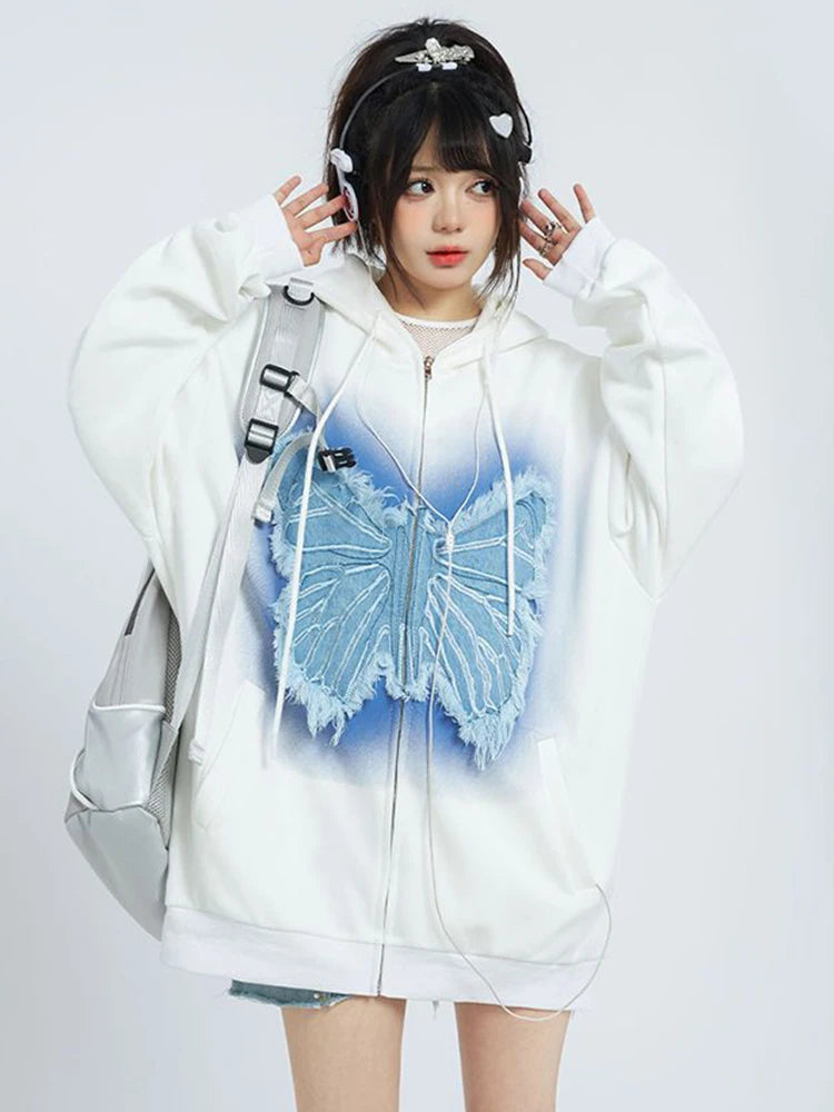 Vintage Y2K Butterfly Zip Up Hoodie For Women
