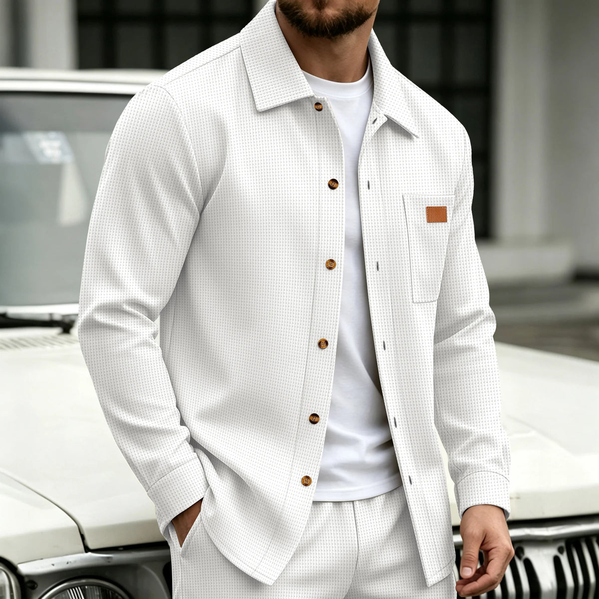 Men's Waffle Knit Button Shirt Jacket With Pocket