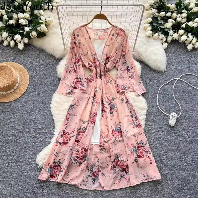 Women’s Floral Chiffon Two-Piece Midi Dress Set