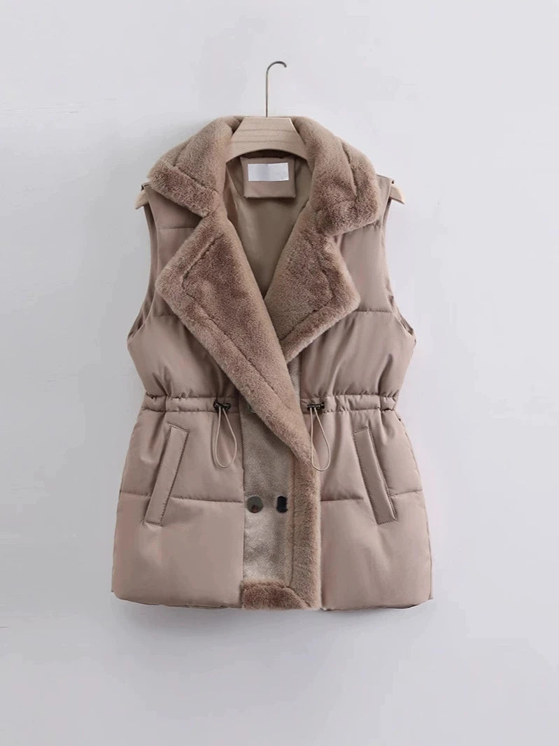 Women’s Faux Fur Collar Padded Winter Vest Coat