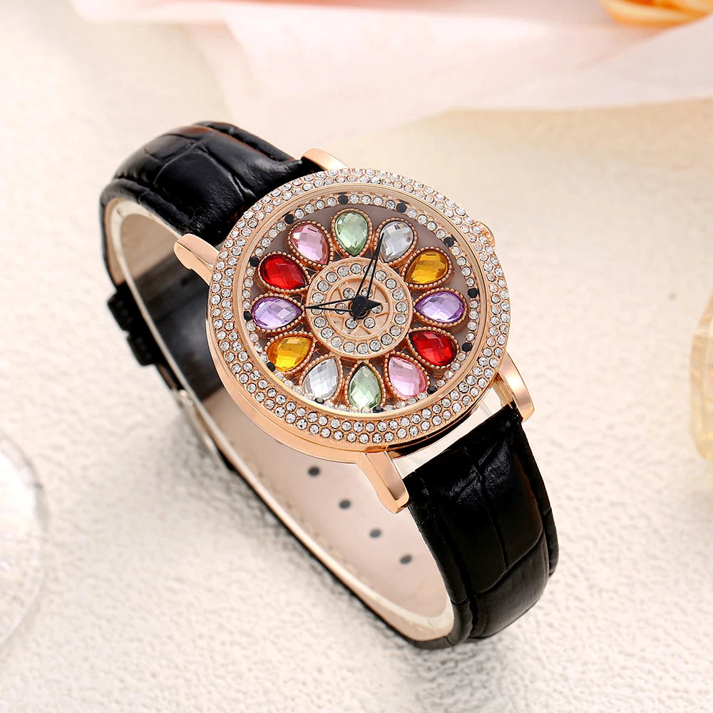 black Color Women’s Quartz Dress Watch With Rhinestone Rotating Dial