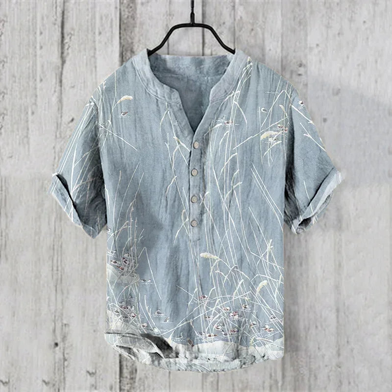 Men’s Linen Casual V-Neck Short Sleeve Beach Shirt