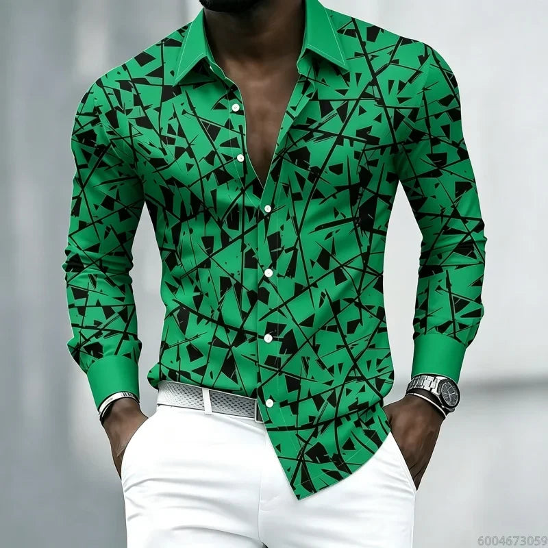 YCZWZW080798W Color Men's Geometric Print Lapel Shirt Casual Long Sleeve