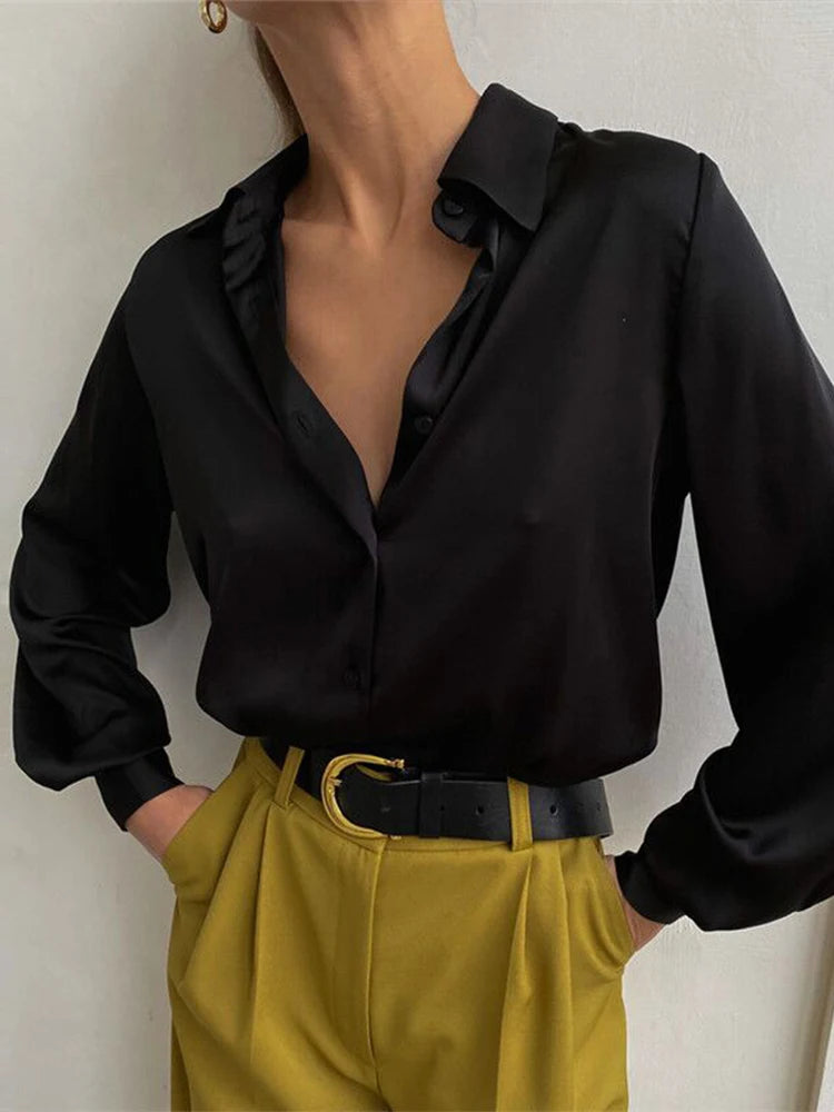 black Color Women’s Satin Button-Up Blouse For Office Or Casual
