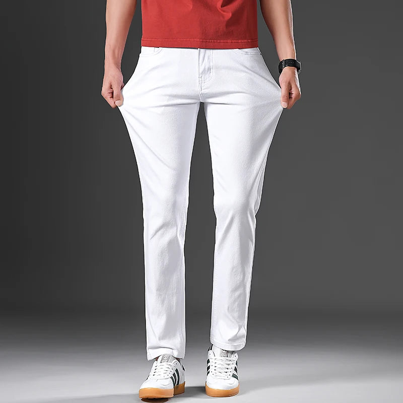 Men's White Straight Jeans Cotton Blend Business Casual