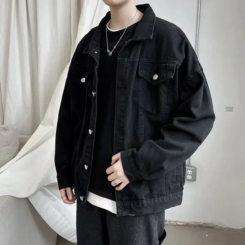 Men's Black Denim Jacket With Pockets, Short Streetwear