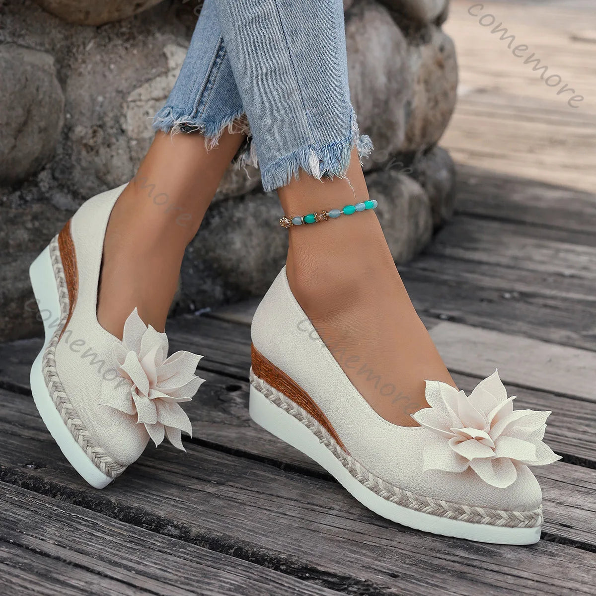 Women’s Faux Suede Wedge Pumps – Flower Detail, Slip-On