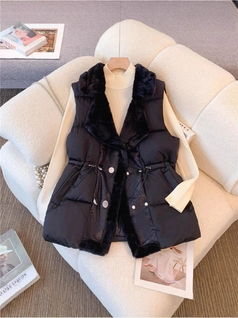 Black Color Women’s Faux Fur Collar Padded Winter Vest Coat