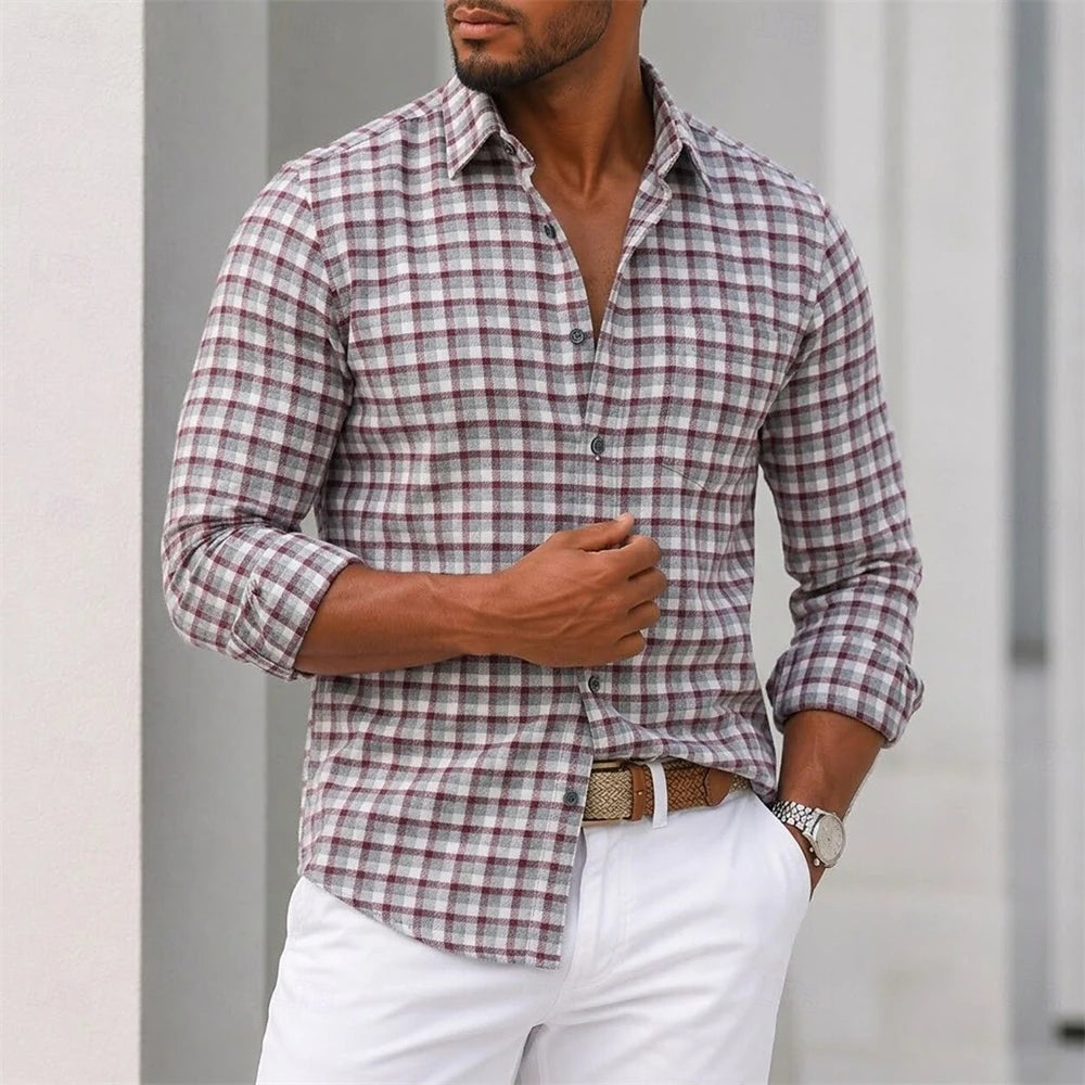 zw2038 Color Men’s Plaid Button-Down Shirt Casual Long Sleeve