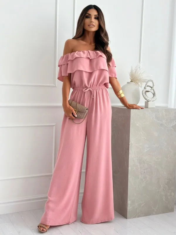 Pink Color Women’s Off Shoulder Solid Jumpsuit With Cinched Waist