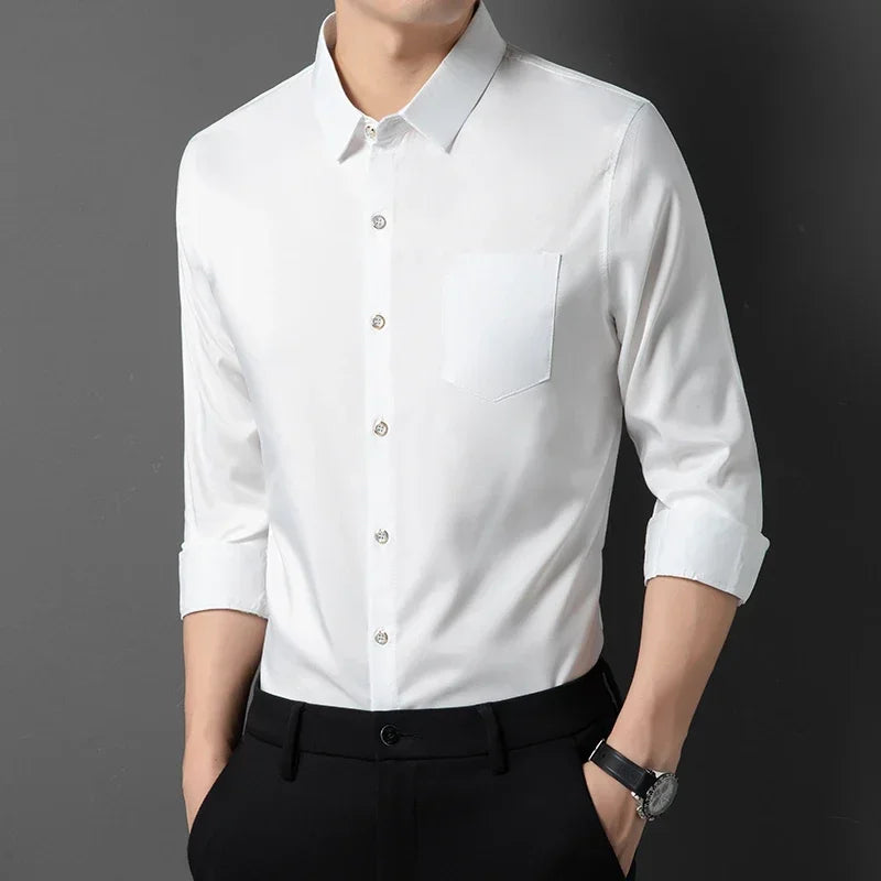 WHITE Color Men's Wrinkle-Resistant Long Sleeve Smart Casual Shirt