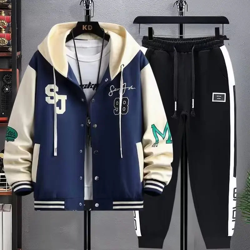 KS05-Blue Color Men’s Korean Style Hoodie Tracksuit Set With Sweatpants