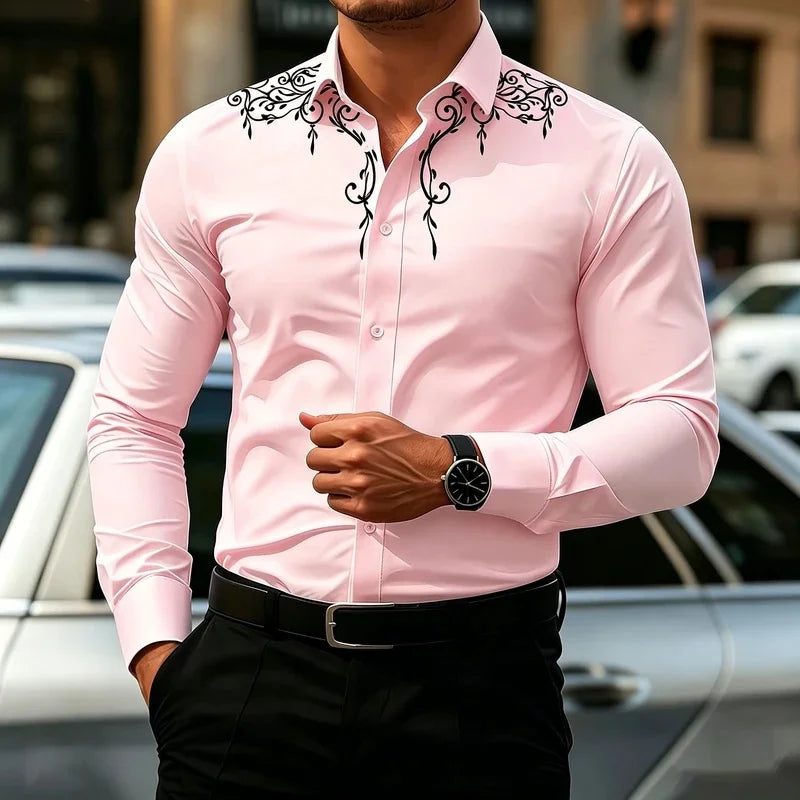Men's Retro Print Dress Shirt With Turn-Down Collar