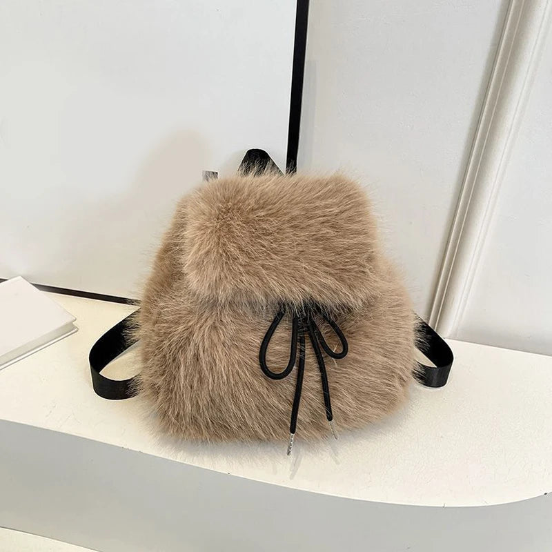 coffee Color Women’s Plush Faux Fur Backpack With Softback Design