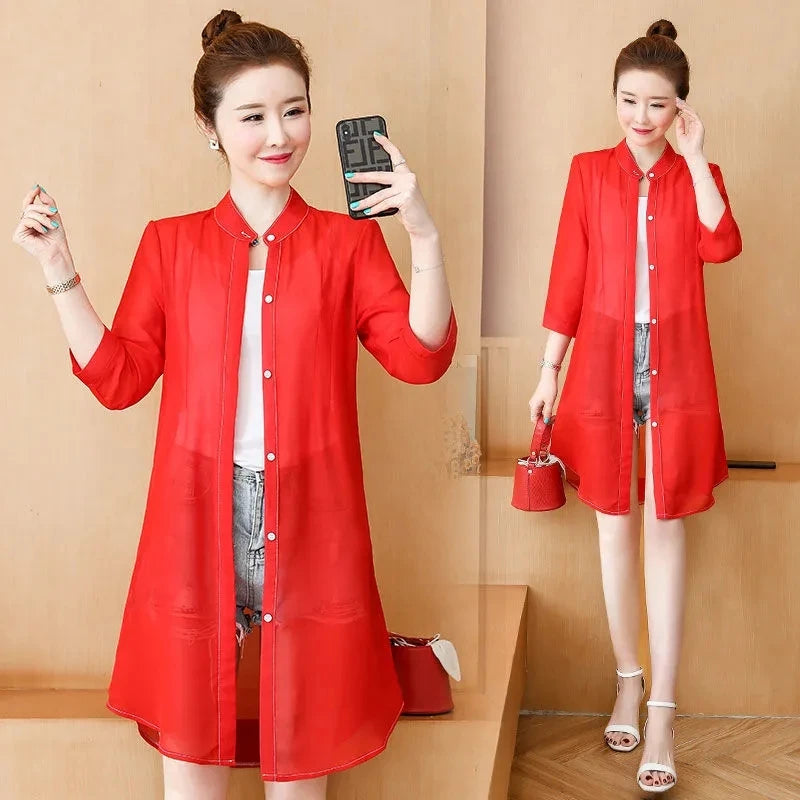 red Color Women’s Chiffon Sun Protection Cardigan Jacket