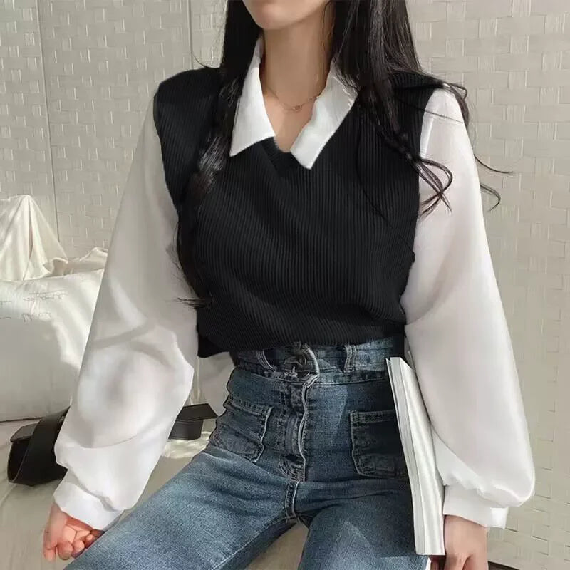 Ribbed Knit Vest Polo Top With Chiffon Long Sleeves