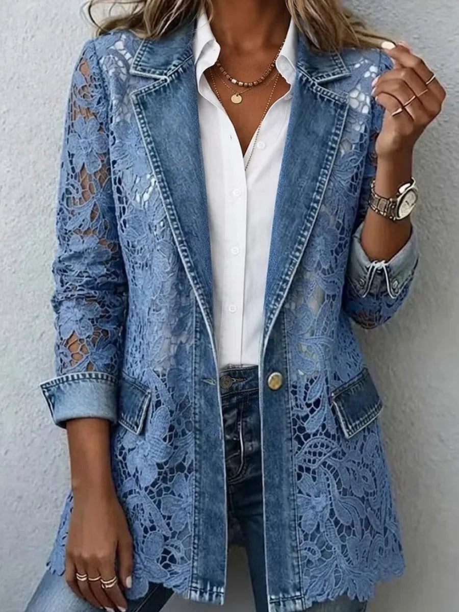 blue Color Women’s Lace Spliced Denim Blazer Jacket With Hollow Floral