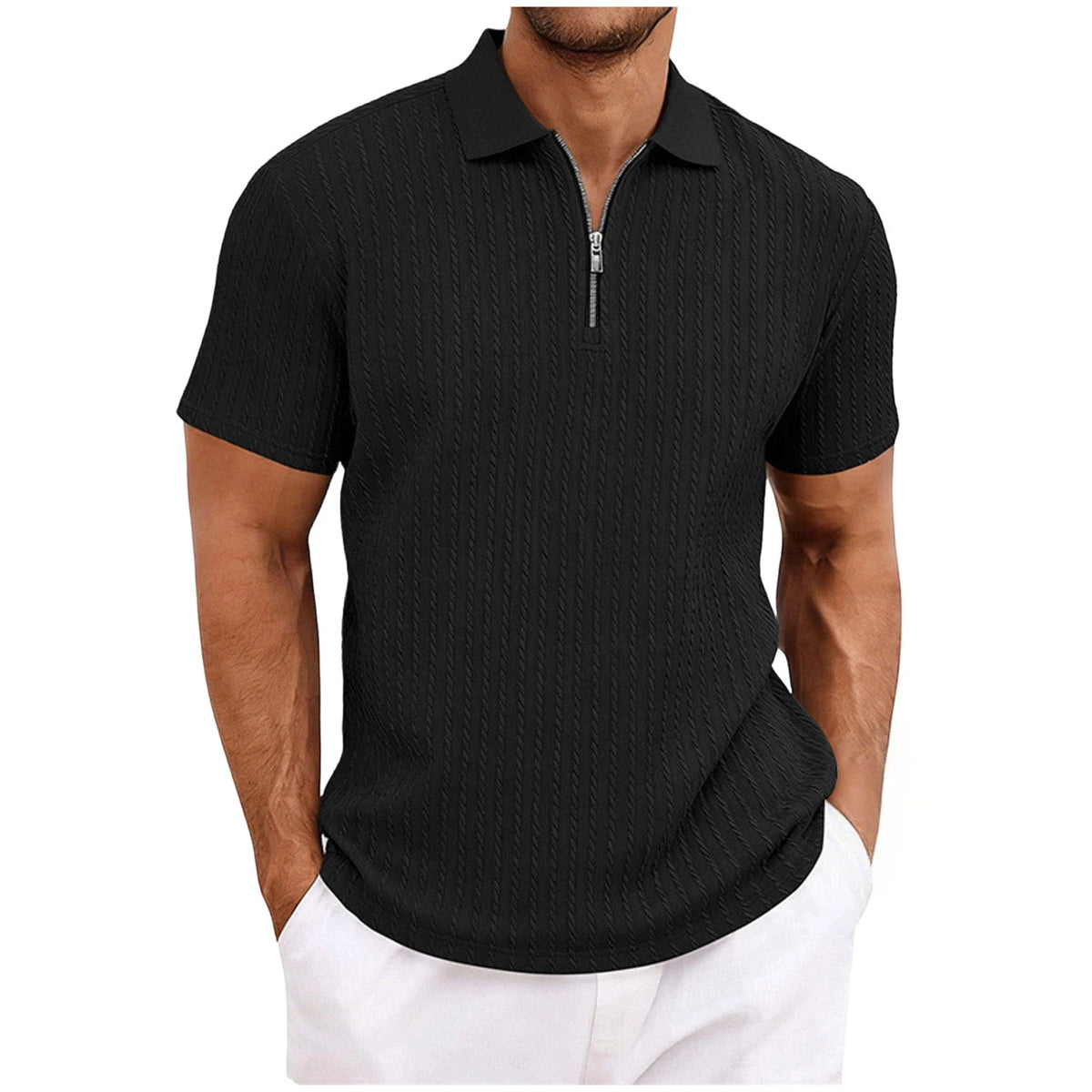 Black Color Men's Textured Half Zip Casual Short Sleeve Shirt