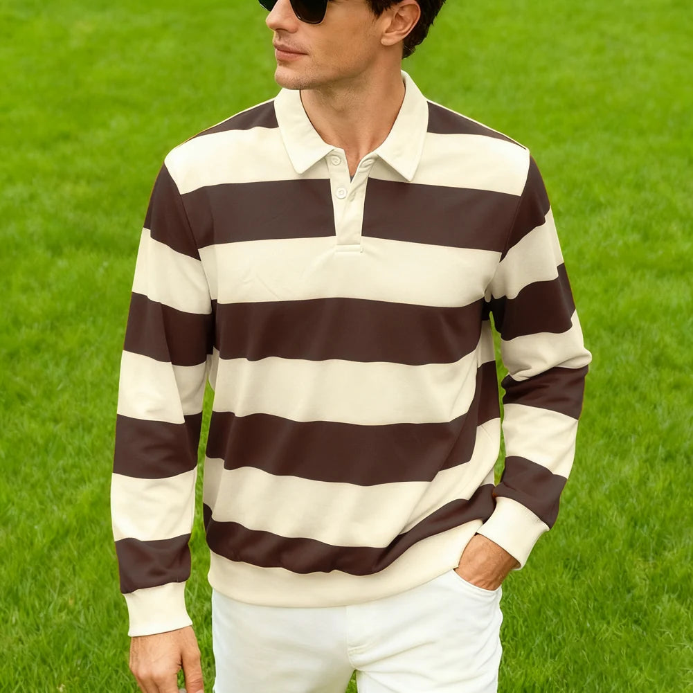Men’s Striped Long Sleeve Polo T-Shirt Casual Top