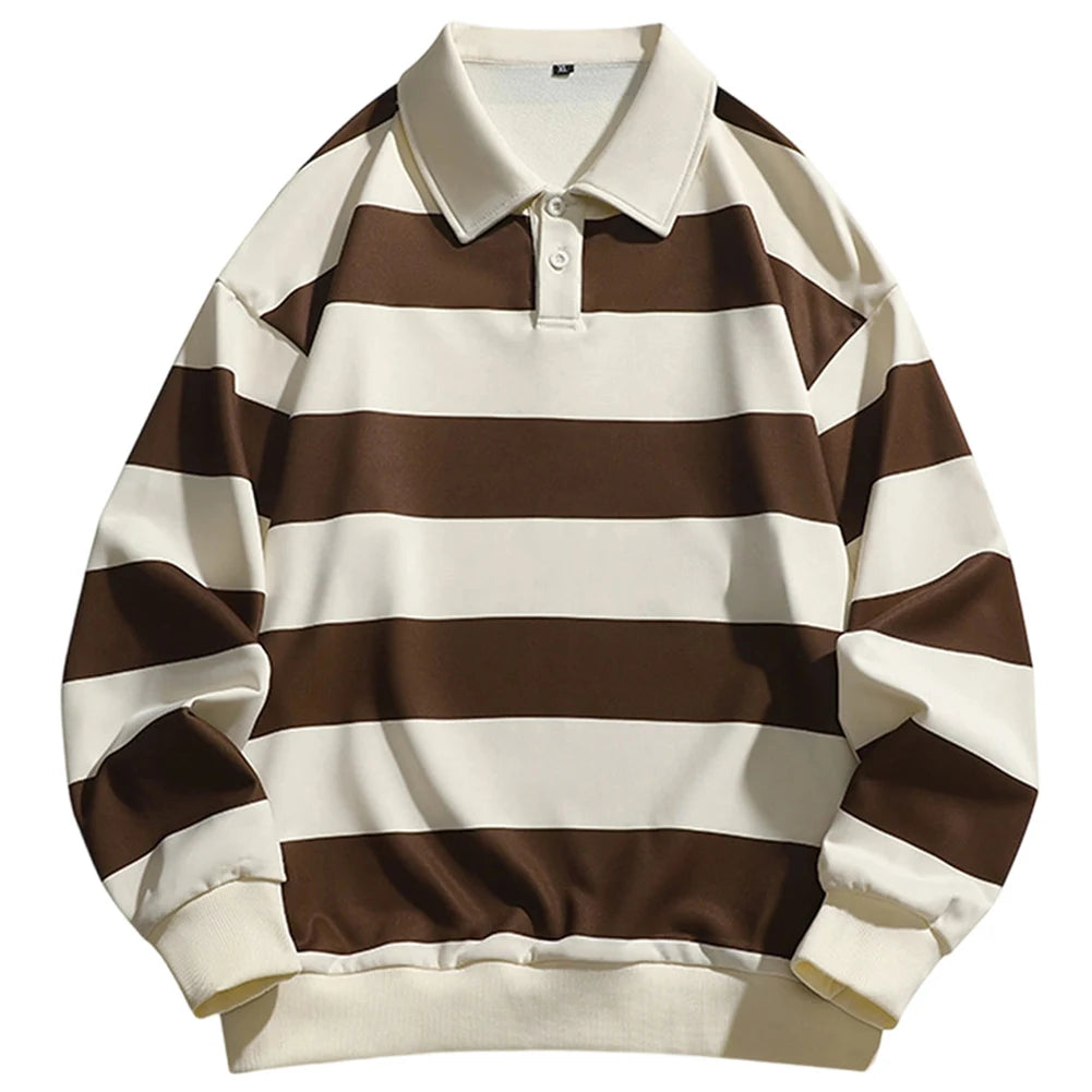 Men’s Striped Long Sleeve Polo T-Shirt Casual Top