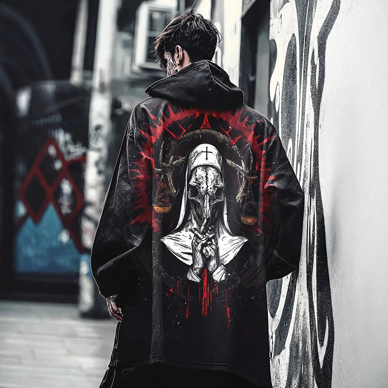 01 Print Color Men’s Vintage Gothic Hooded Coat Open Front Cardigan