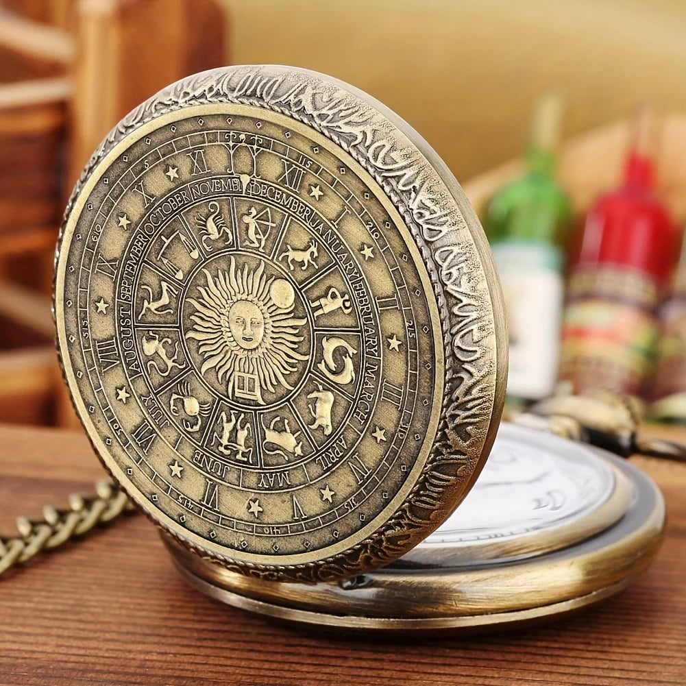 Vintage Bronze Tarot Pocket Watch Necklace Quartz