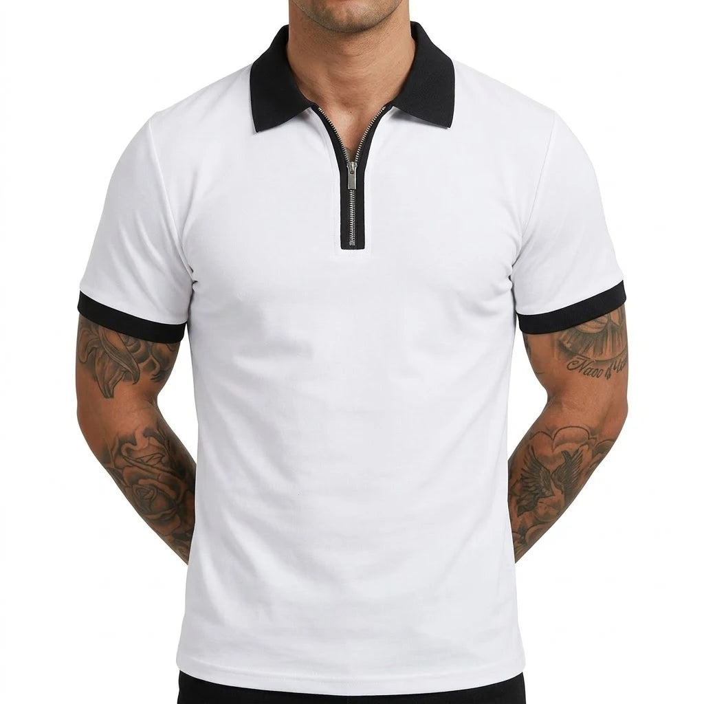 White Color Men’s Zipper Polo Shirt Short Sleeve Moisture-Wicking