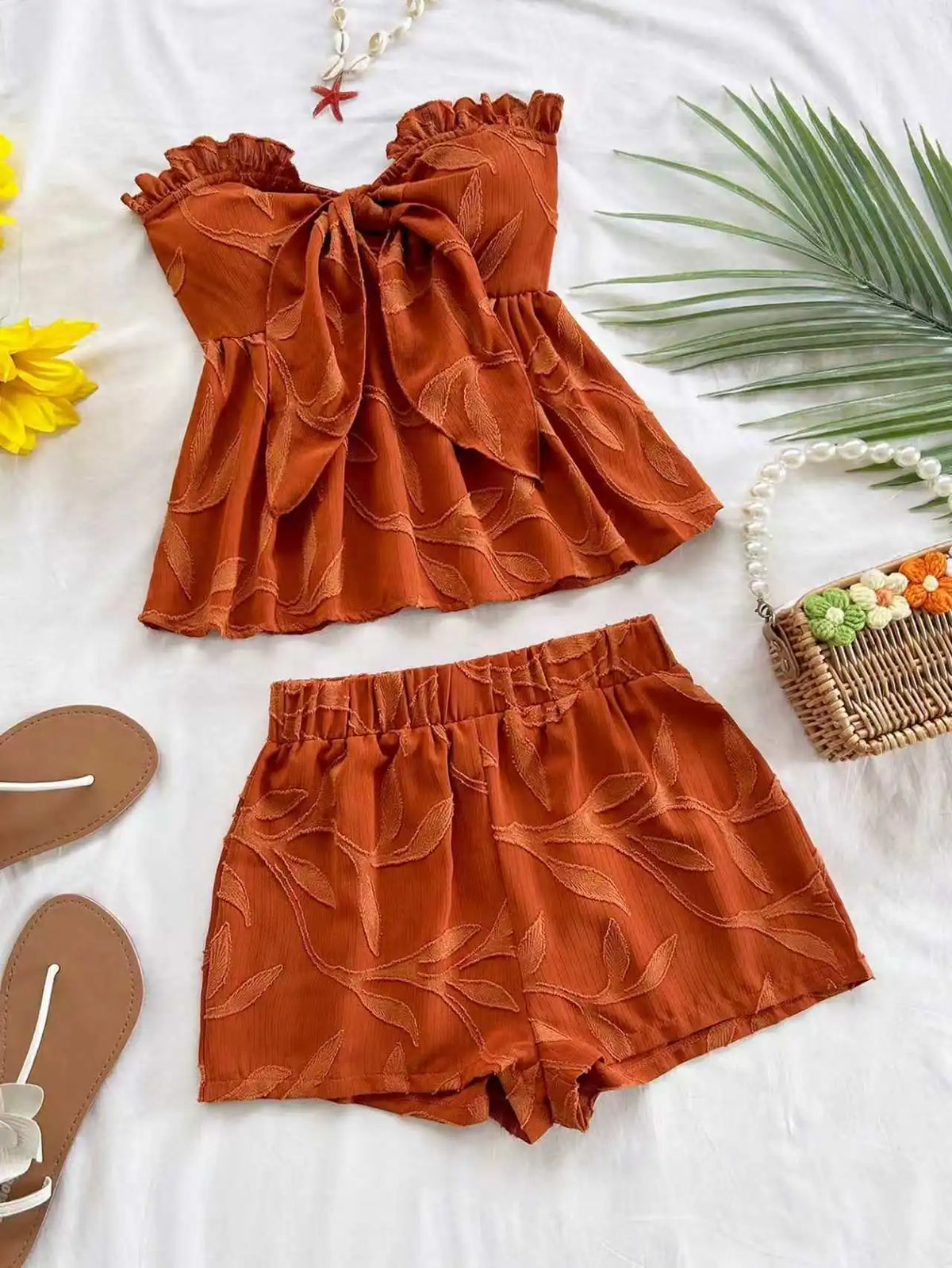 Women’s Strapless Bow Top & Jacquard Shorts Set