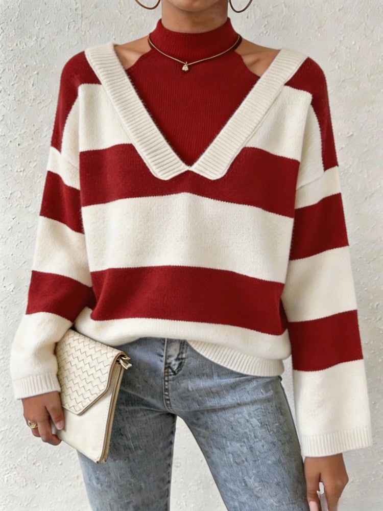 Women’s Striped Knit Pullover – Mock Neck Cut-Out Shoulder
