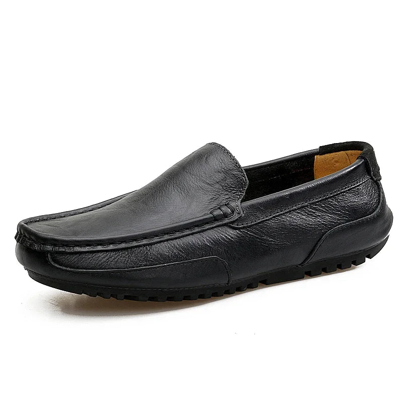 black Color Men’s Genuine Leather Loafers – Breathable Slip-On Driving Shoes