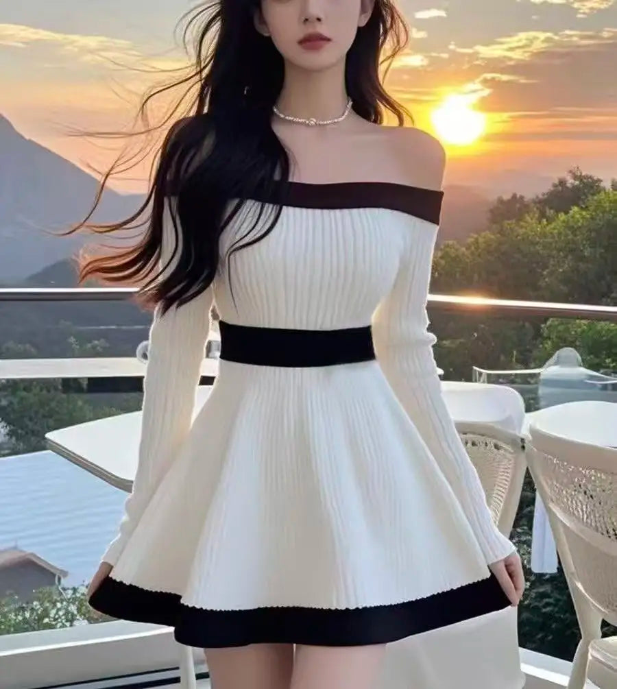 Elegant Boat Neck Knit Party Dress With Ball Gown Skirt