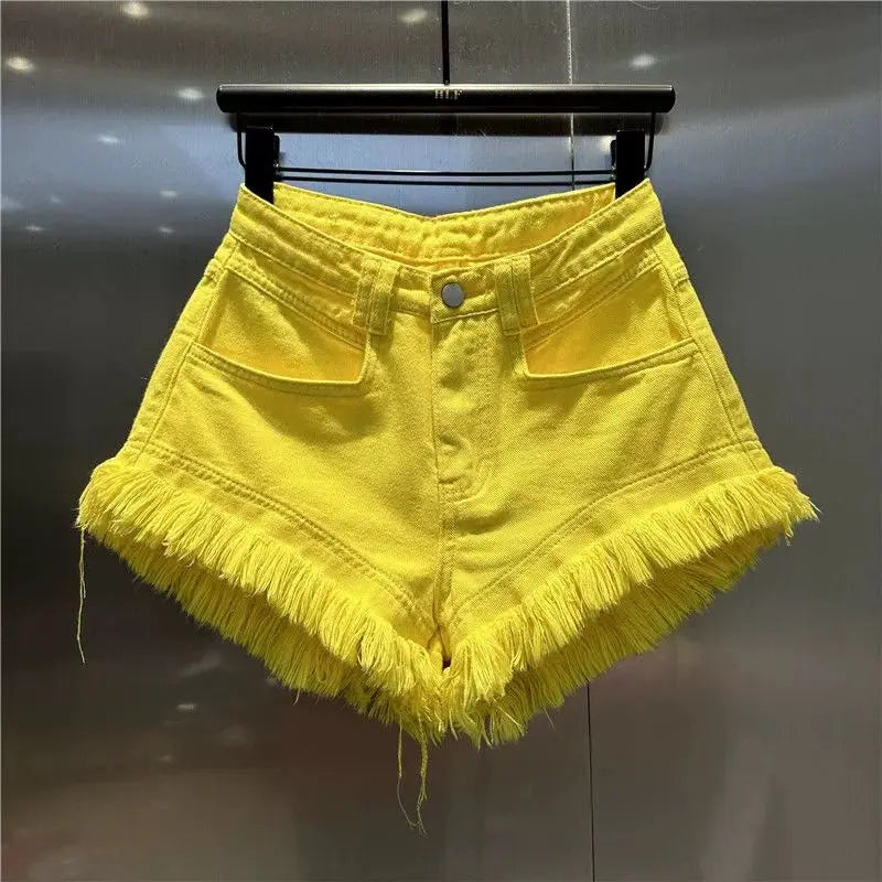 High Waisted Denim Shorts For Women With Tassel Hem