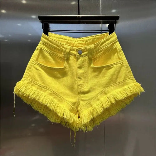 High Waisted Denim Shorts For Women With Tassel Hem