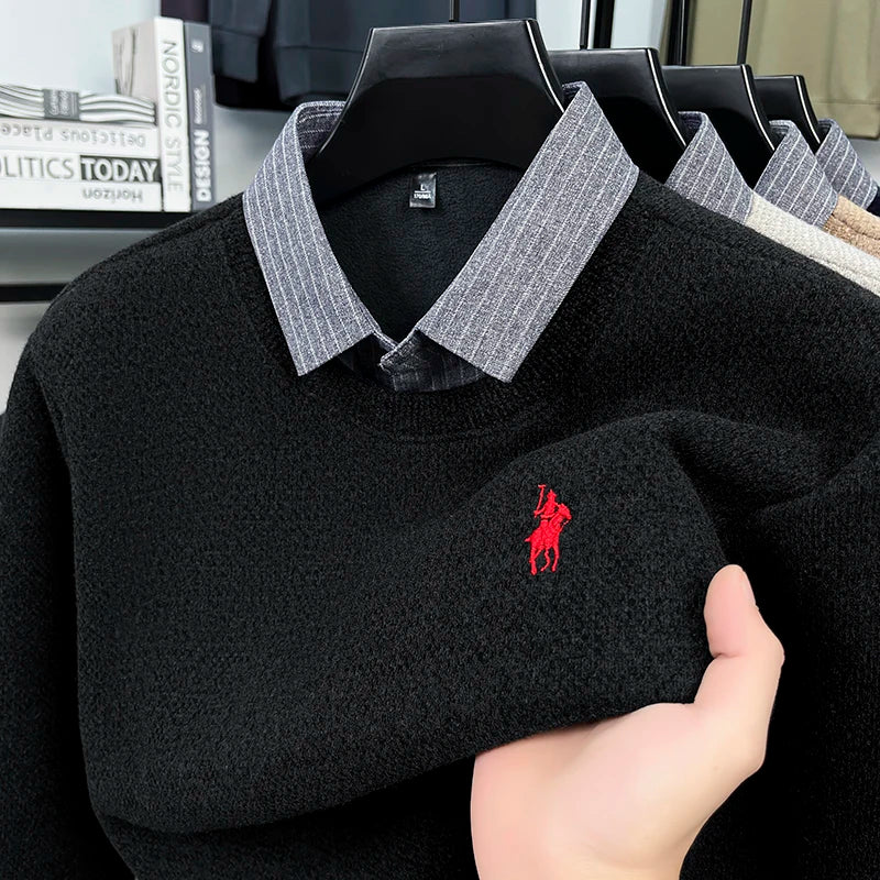 Men’s Fleece-Lined Knit Sweater with Shirt Collar