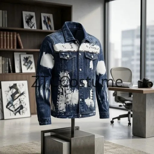 Men's Slim Fit Denim Jacket With Graffiti Print