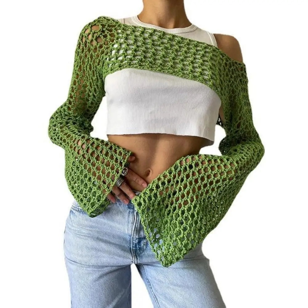 green Color Women’s Crochet Sleeve Shrug Sweater Crop Top