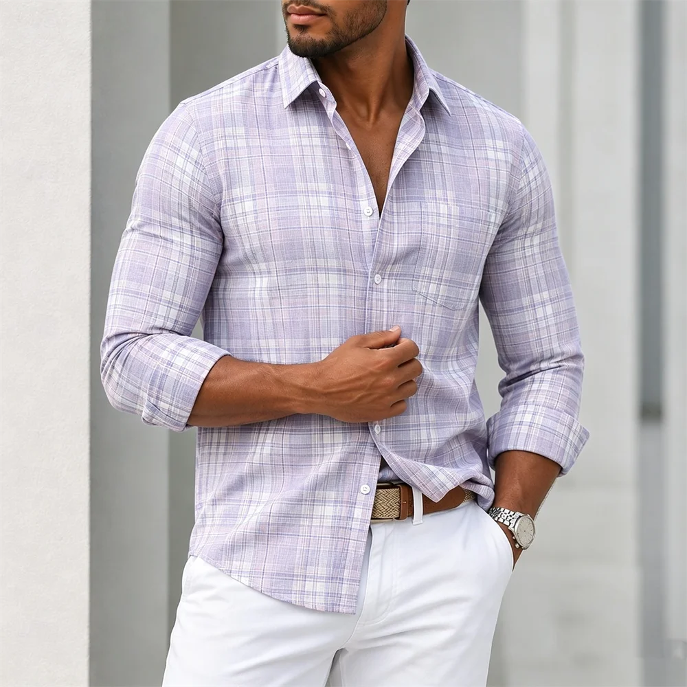 zw2046 Color Men’s Plaid Button-Down Shirt Casual Long Sleeve