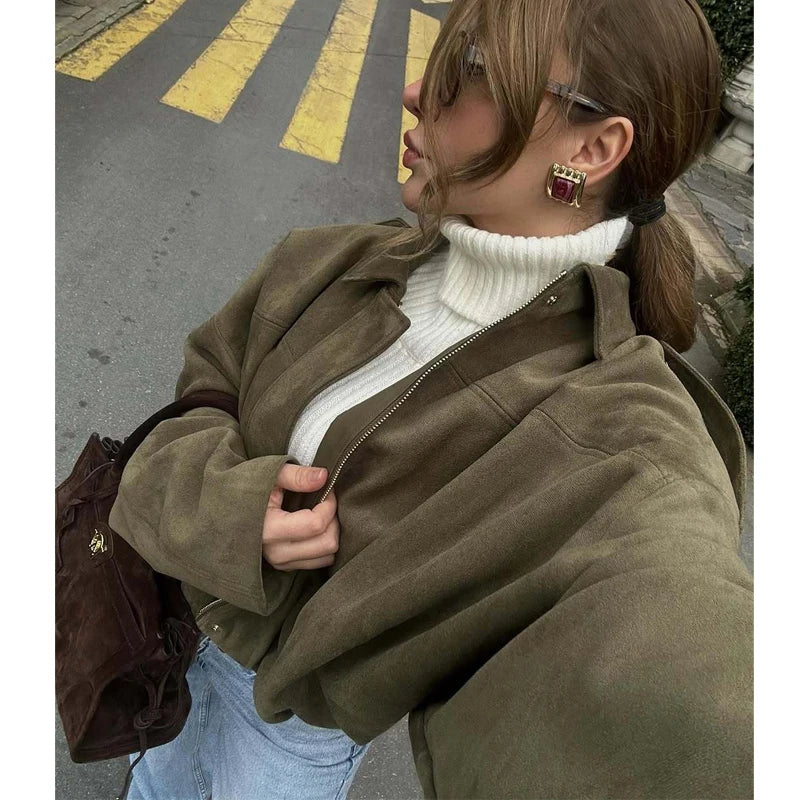 Women’s Faux Suede Bomber Jacket Zip-Up Oversized Coat